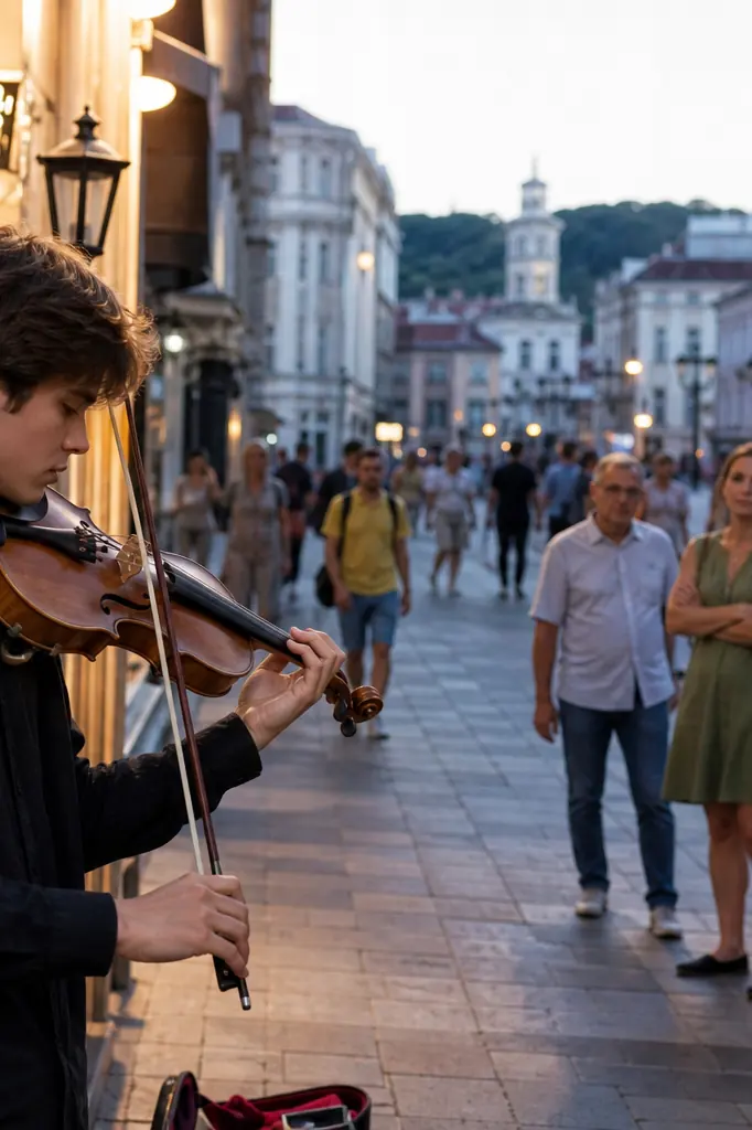 Jeune violoniste jouant sur un trottoir en soirée d'été