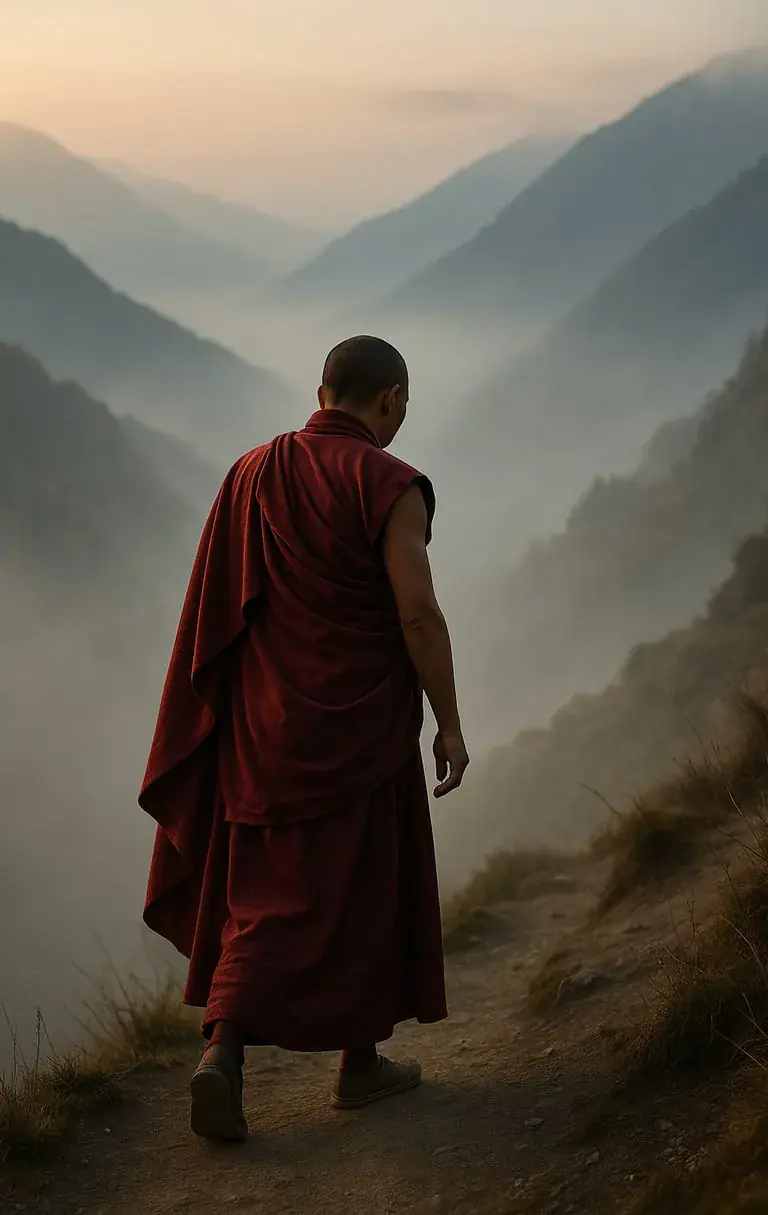 Un tibétain marche dans la montagne pour la journée de la démocratie au Tibet.