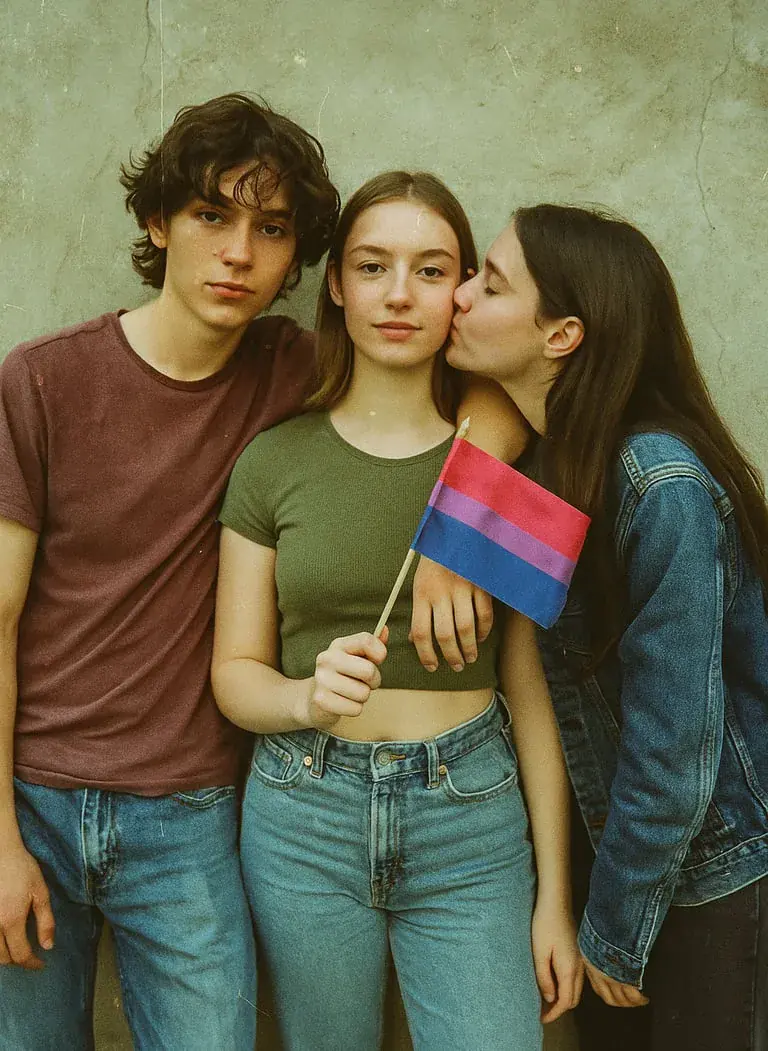 Photo illustration de deux filles et un garçon pour la journée de la bisexualité.