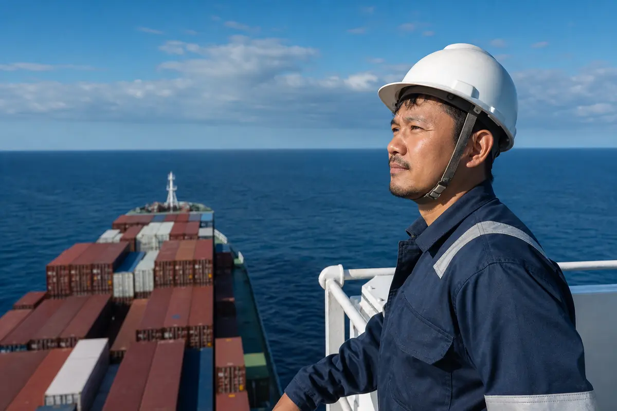 Marin en tenue de sécurité sur le pont d'un cargo en mer