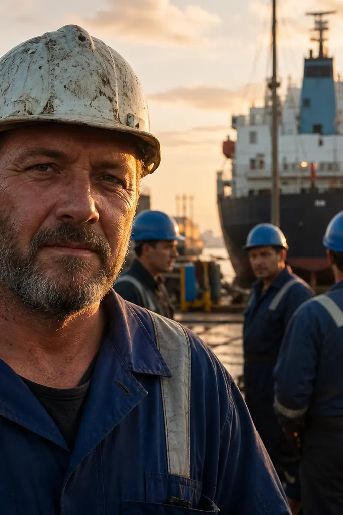 Port animé au coucher du soleil avec marins et navires