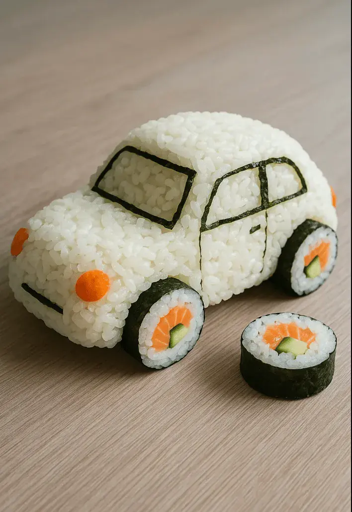 Voiture de riz avec roues en sushi pour la journée mondiale des sushis.