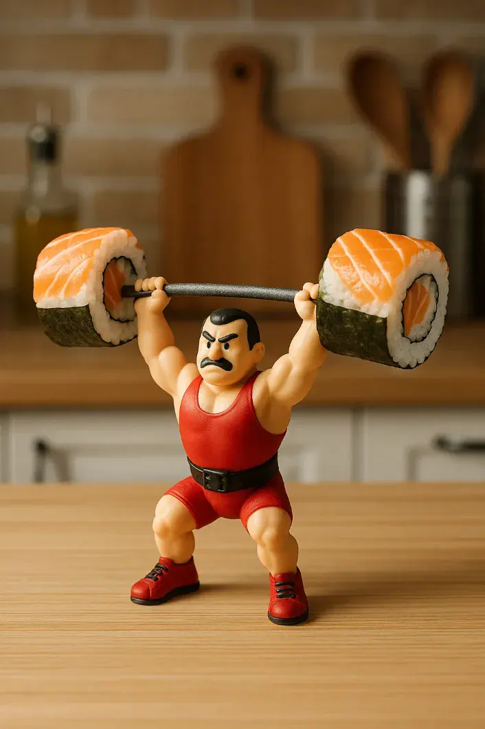 Figurine avec haltère en sushi pour la journée internationale du sushi.