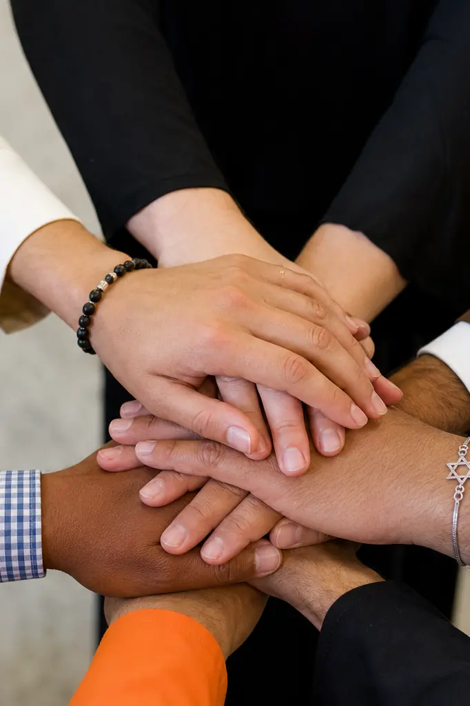 Mains jointes de personnes de confessions différentes