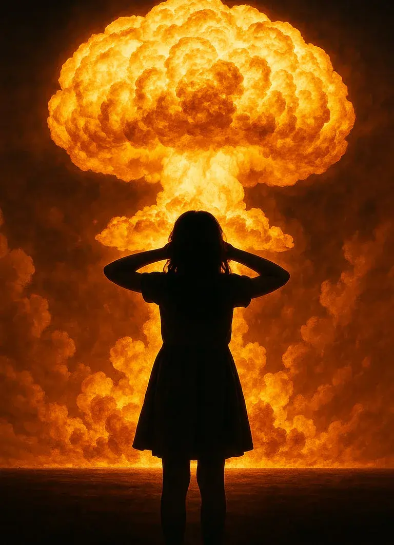 silhouette se bouche les oreilles devant explosion nucléaire, illustration journée internationale