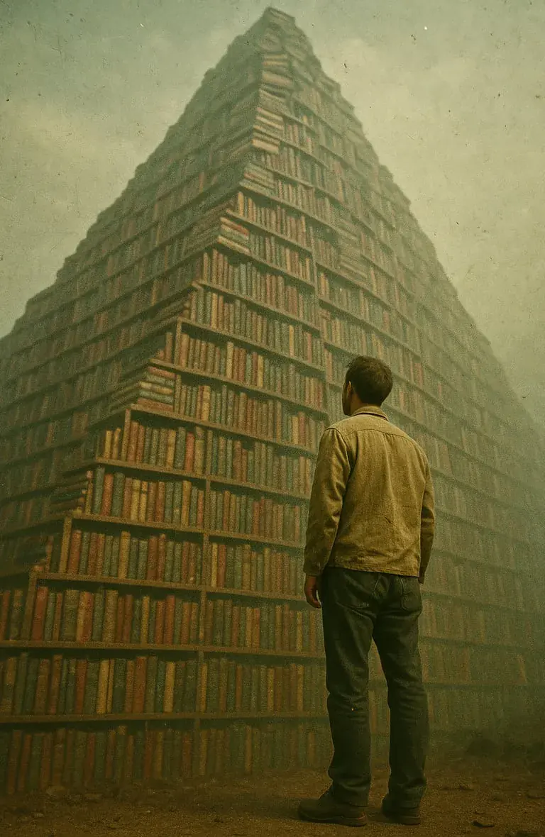 Un homme devant une pyramide de livres pour la journée internationale de la bibliodiversité.