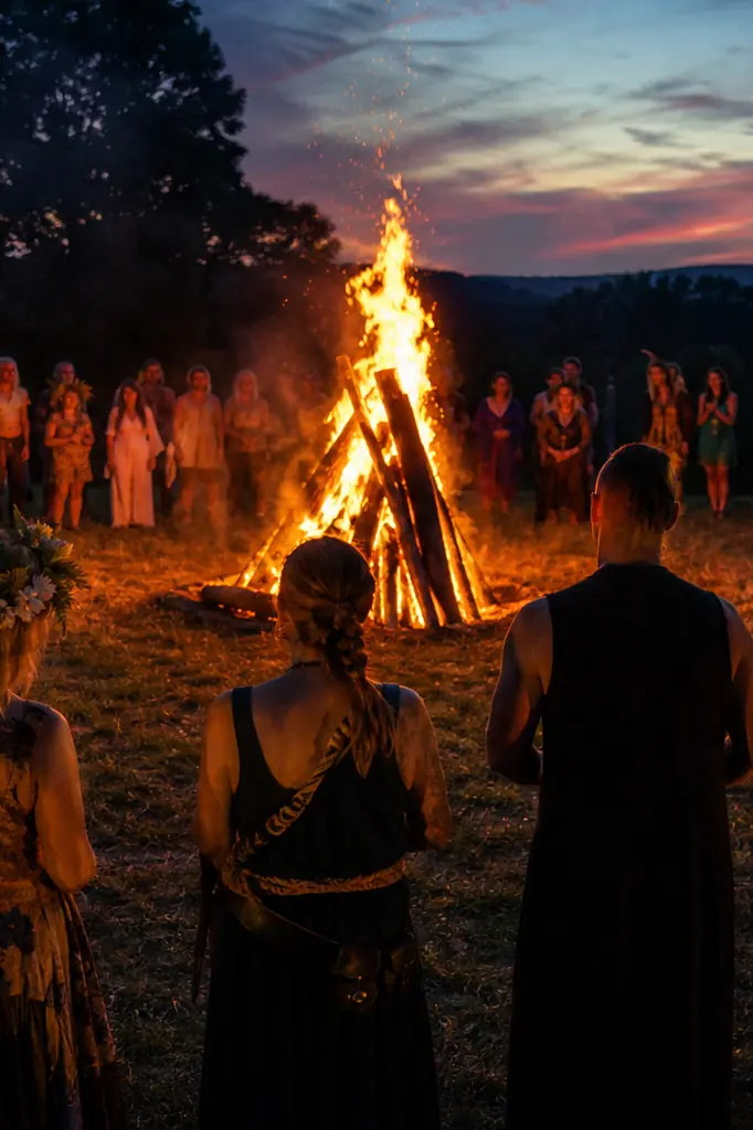 Feu de joie lors d'une fête du solstice au crépuscule