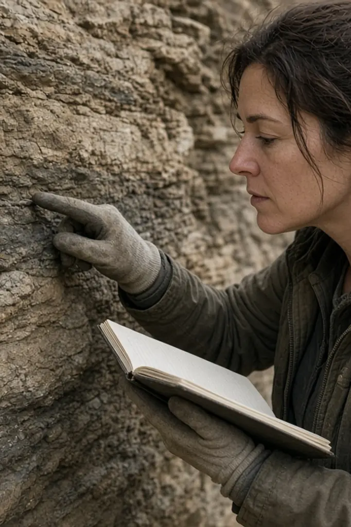 Géologue examinant des couches de roche sur une falaise