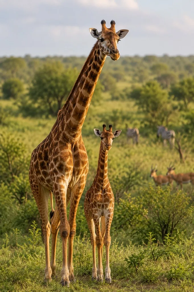 Girafe adulte et petit dans la savane africaine pour la Journée internationale de la girafe