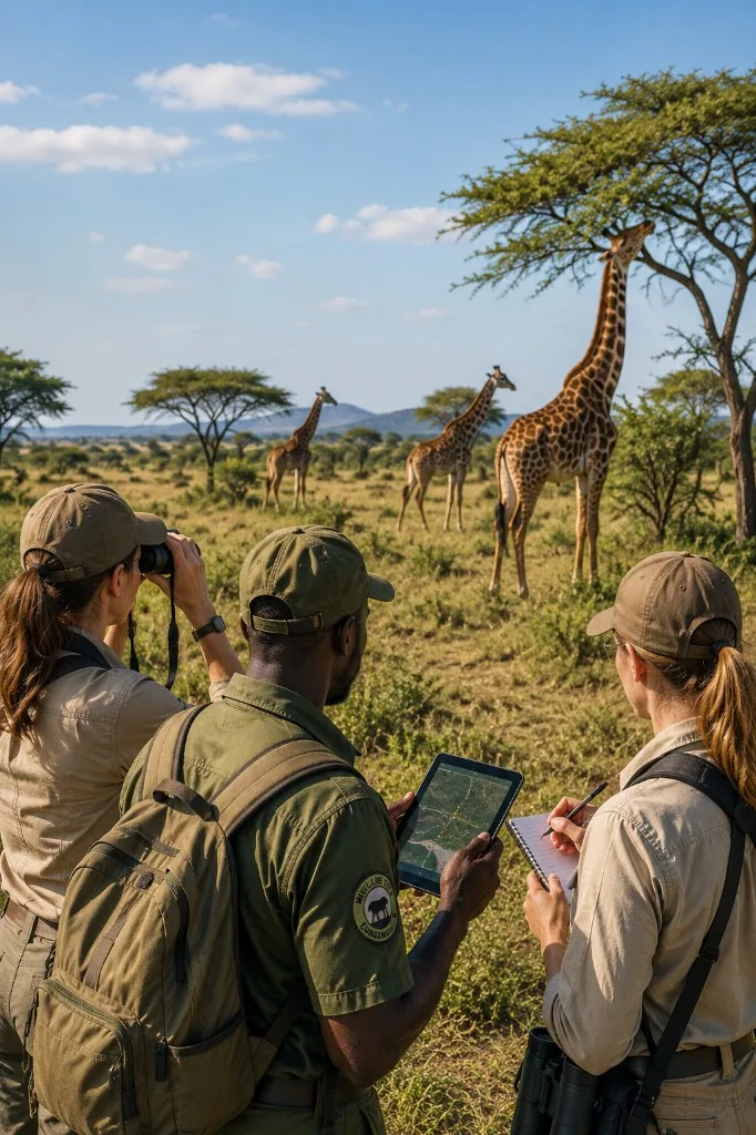 Conservationnistes observant des girafes en Afrique pour la protection des girafes