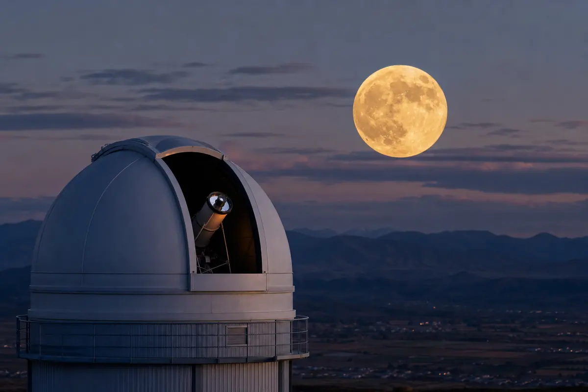 Pleine lune au-dessus d'un observatoire astronomique