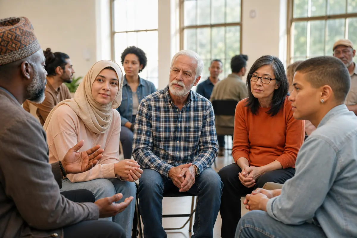 Groupe de personnes en dialogue respectueux lors d'un forum communautaire