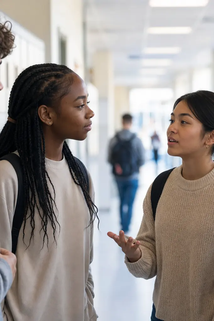 Adolescents conversant de manière respectueuse dans un couloir d'école