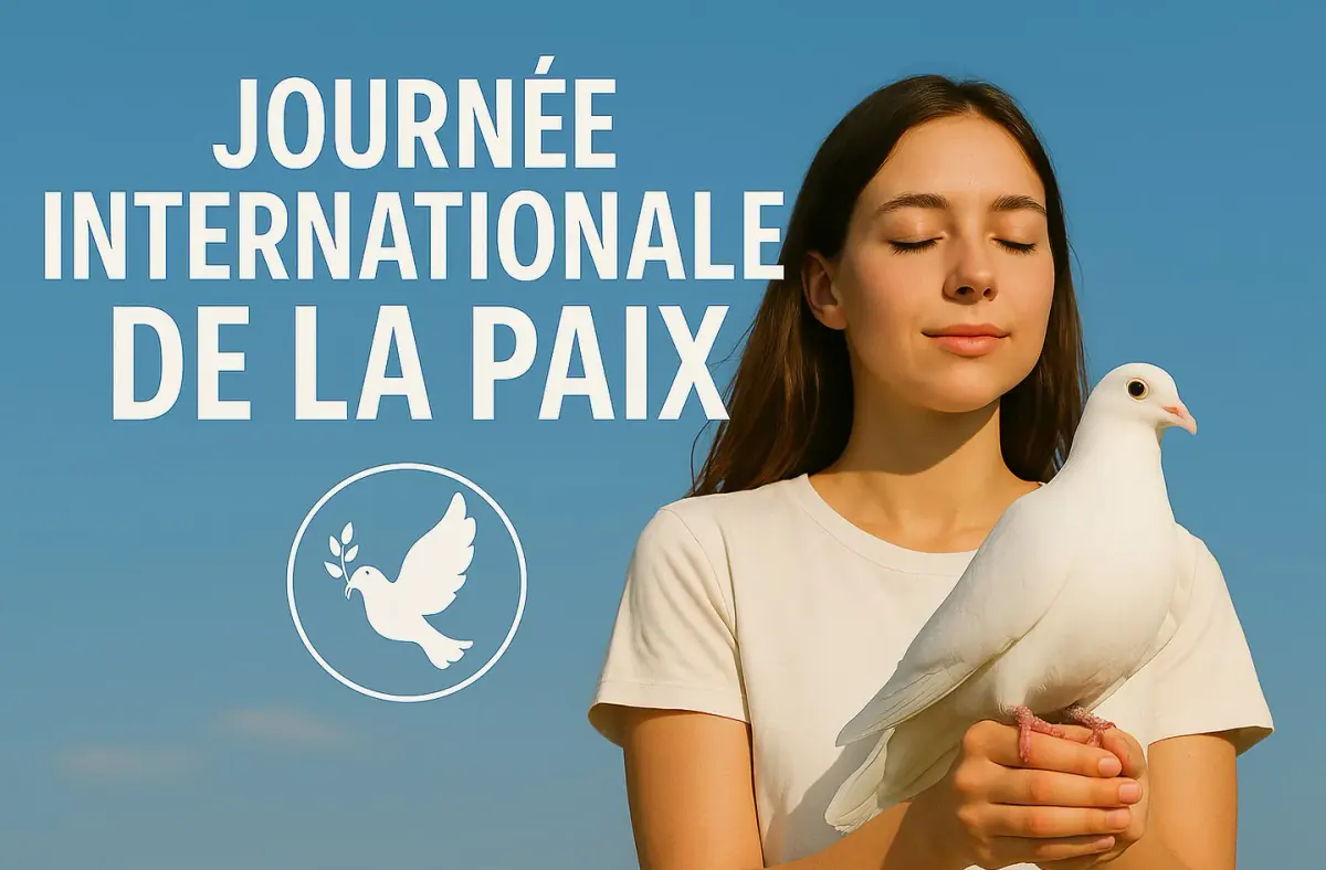 Une femme avec une colombe blanche pour la journée internationale de la paix.