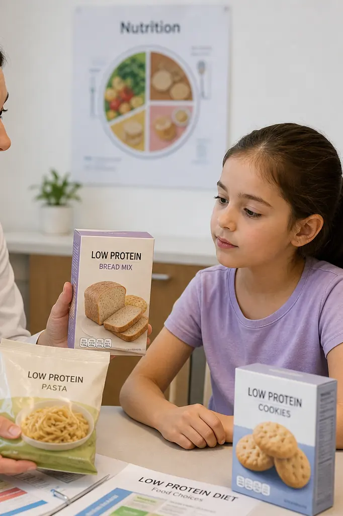 Nutritionniste présentant des aliments adaptés à un régime hypoprotéiné