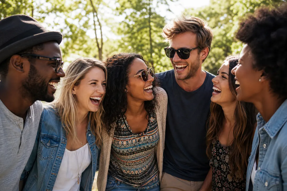 Groupe d'amis riant ensemble dans un parc en été