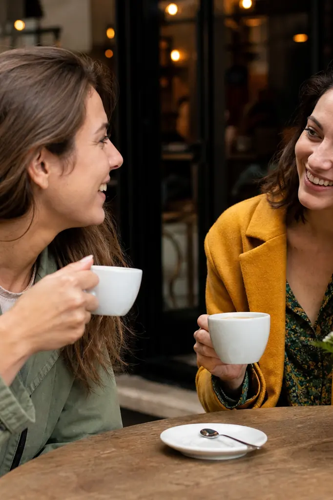 Deux amis partageant un café en terrasse