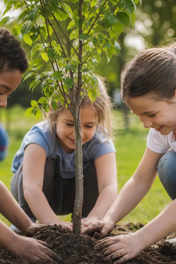 Enfants plantant un arbre lors d'une action communautaire