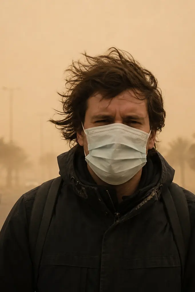 Personne portant un masque lors d'une tempête de poussière
