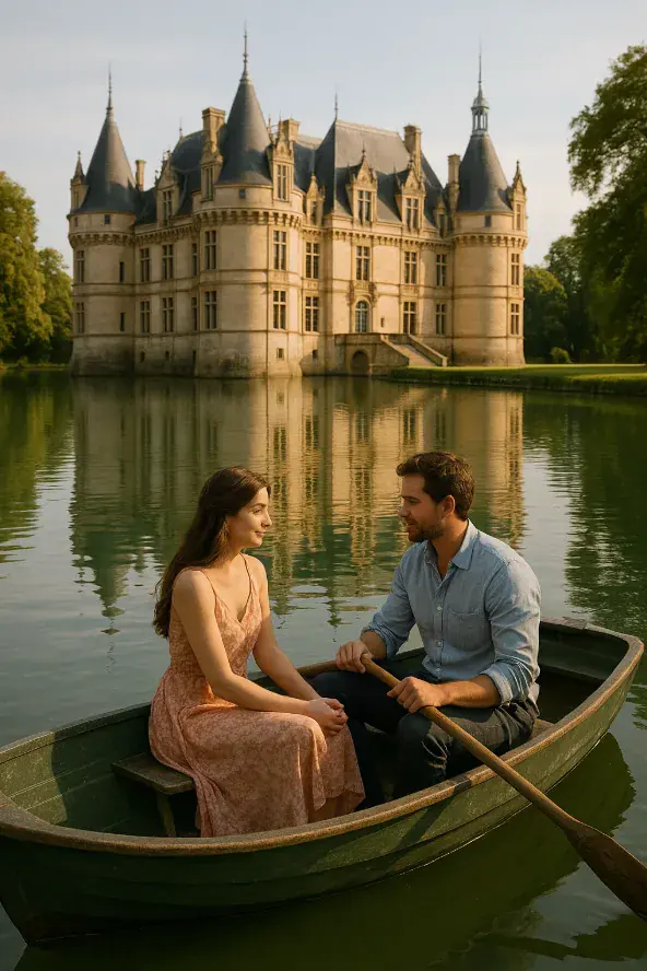 Un couple en barque, balade romantique dans les douves d'un château pour la journée internationale.