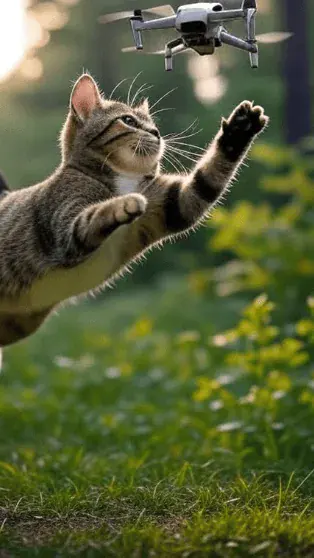 Un chat chasse un drone pour la journée mondiale des drones