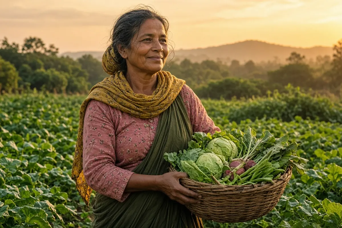 Agricultrice portant un panier de légumes dans un champ au coucher du soleil
