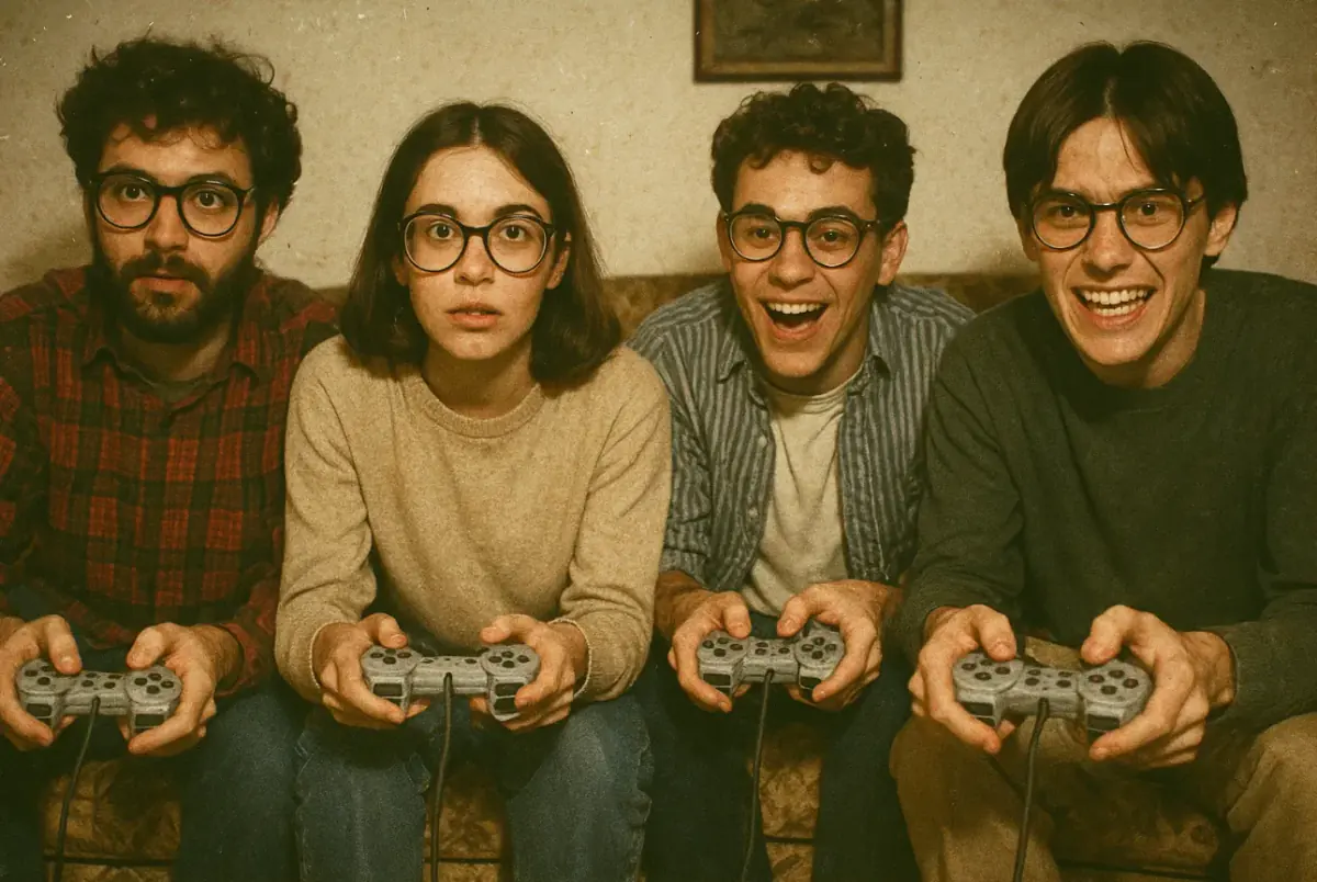 Quatre amis jouent ensemble à la console pour la journée internationale des geeks.