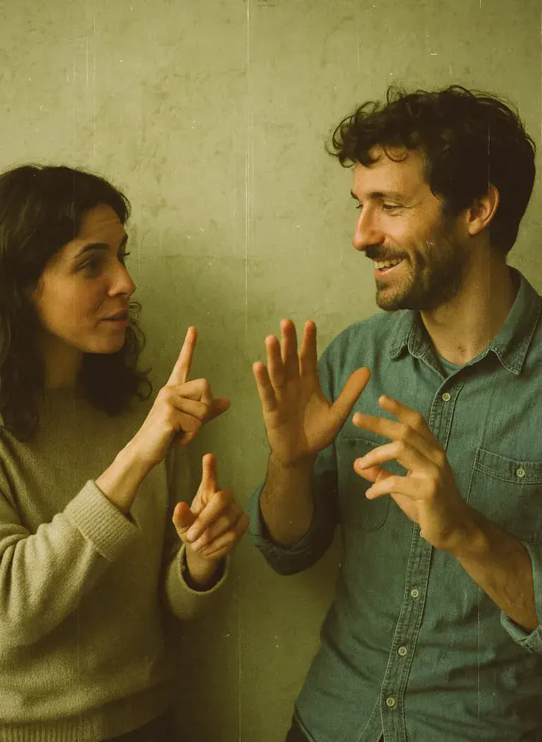 Deux personnes pratiquent la langue des signes our la journée internationale des langues des signes.