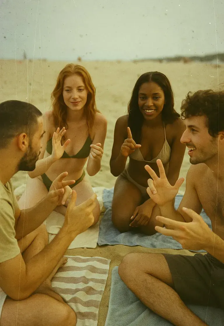 Quatre personnes sur la plage échangent en langue des signes pour la journée internationale
