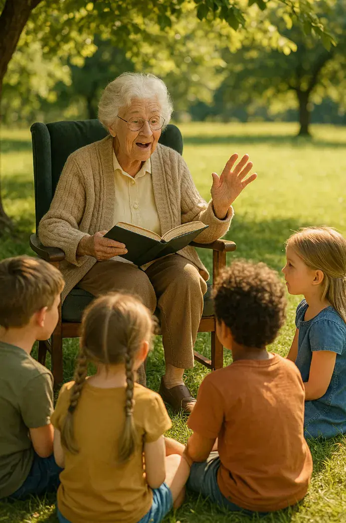 Une grand mère raconte une histoire à des enfants dans le jardin pour la journée des personnes agées