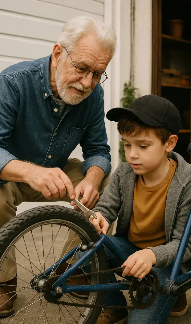 Un grand père bricole avec son petit fils pour la journée des personnes agées.