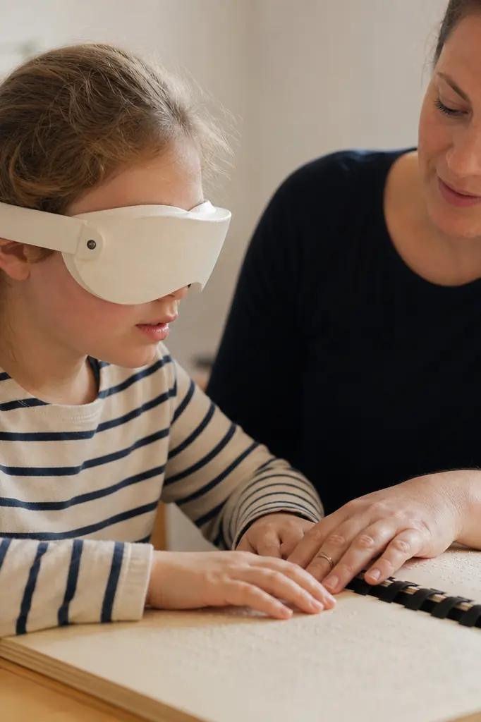 Enfant sourdaveugle apprenant le braille avec un enseignant