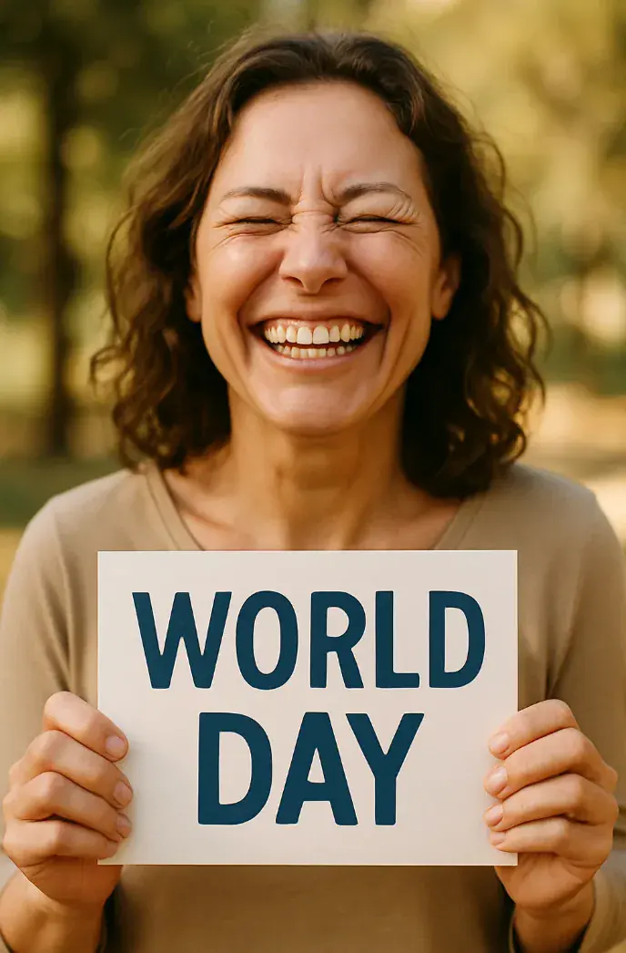 Femme joyeuse avec un panneau "World day" pour la journée mondiale du bonheur