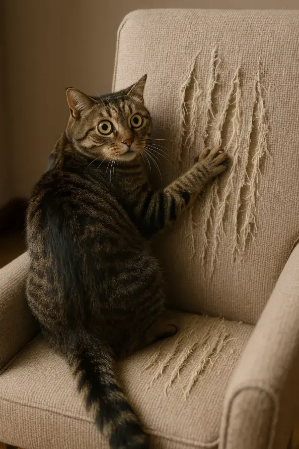 Un chat surpris pendant qu'il lacère un fauteuil pour la journée internationale du chat.