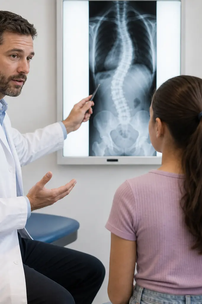 Orthopédiste expliquant une radiographie du rachis à un jeune patient et son parent