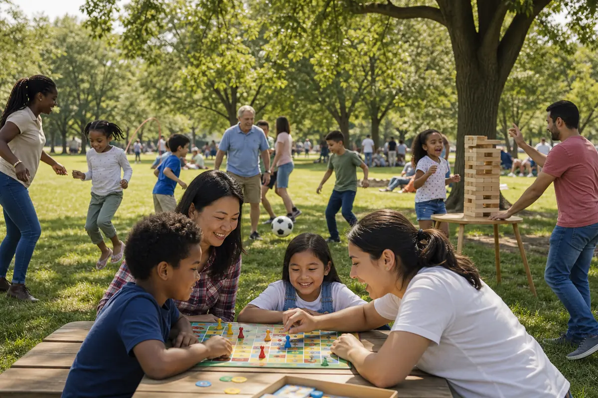 Enfants et familles jouant ensemble dans un parc ensoleillé