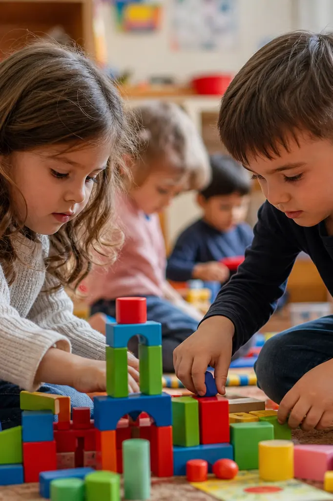 Enfants jouant avec des blocs et puzzles en classe