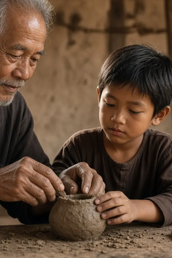 Ancien enseignant un savoir-faire artisanal à un enfant