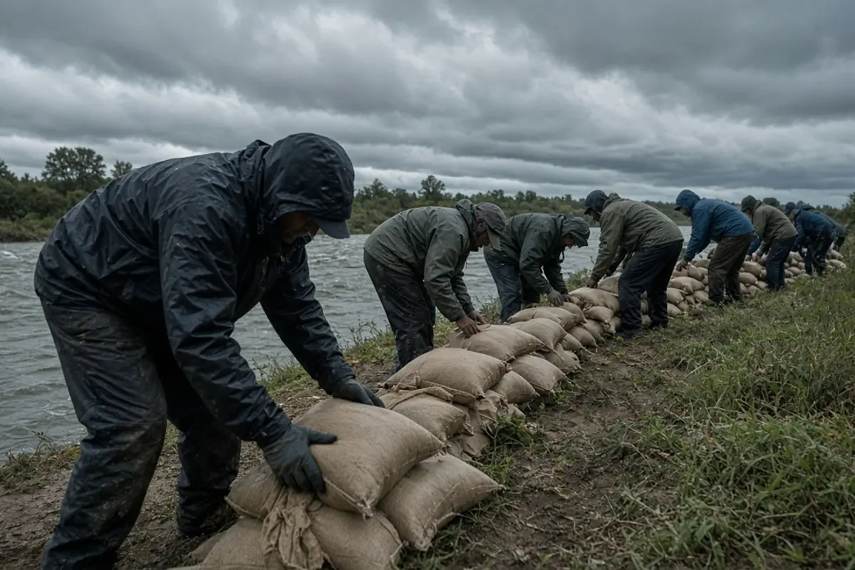 Bénévoles préparant des sacs de sable avant une inondation