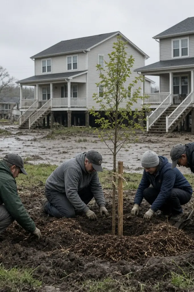 Quartier reconstruit et plantation d’arbres après une catastrophe