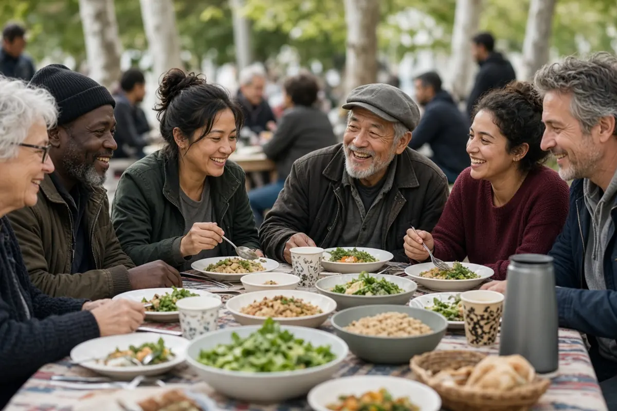 Repas solidaire partagé autour d’une table en extérieur