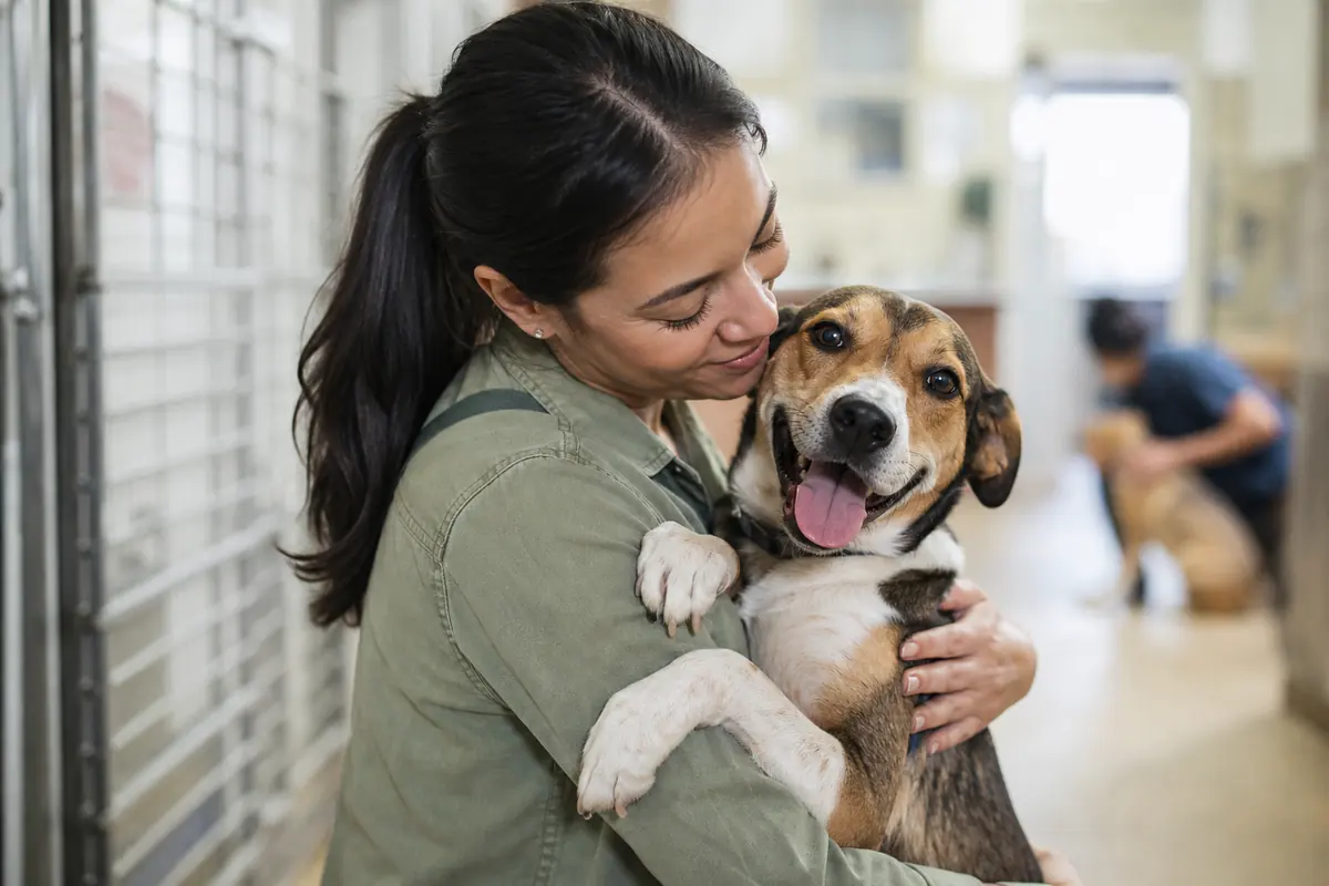 Chien adopté avec son nouveau propriétaire dans un refuge animalier