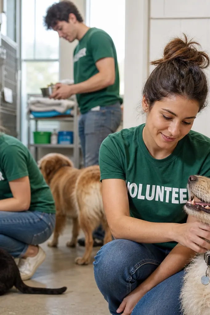 Bénévoles s'occupant de chiens et chats recueillis dans un refuge
