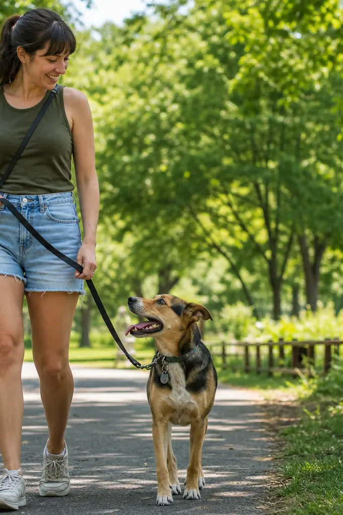 Promenade responsable d'un chien adopté en laisse dans un parc