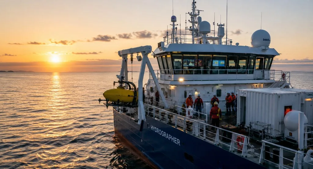 Navire hydrographique réalisant des relevés bathymétriques en mer