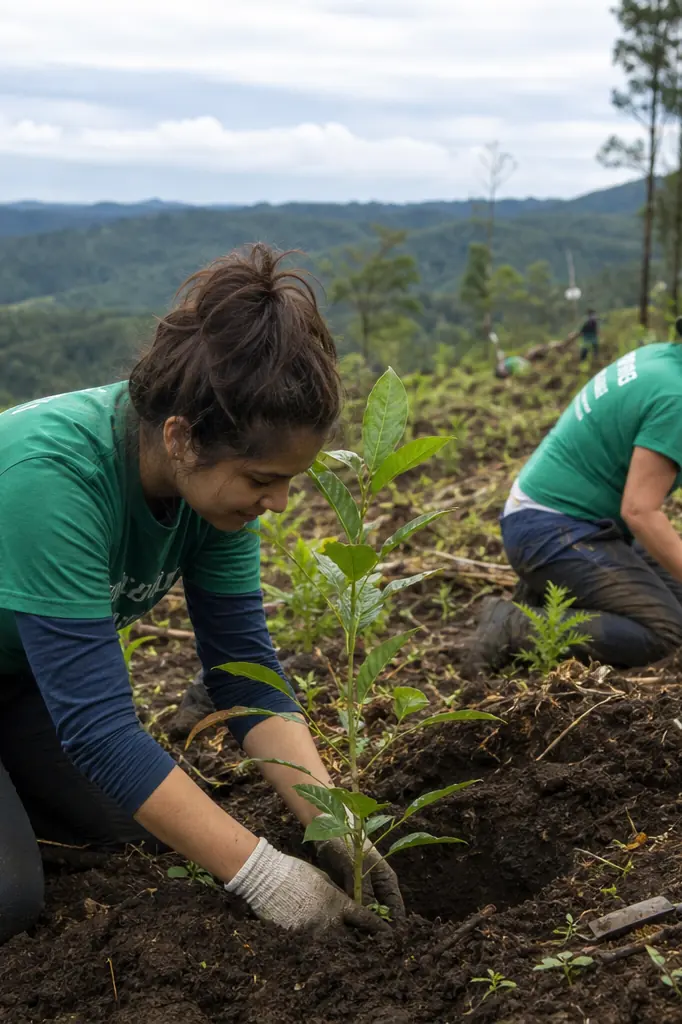 Bénévoles plantant des arbres pour restaurer un écosystème
