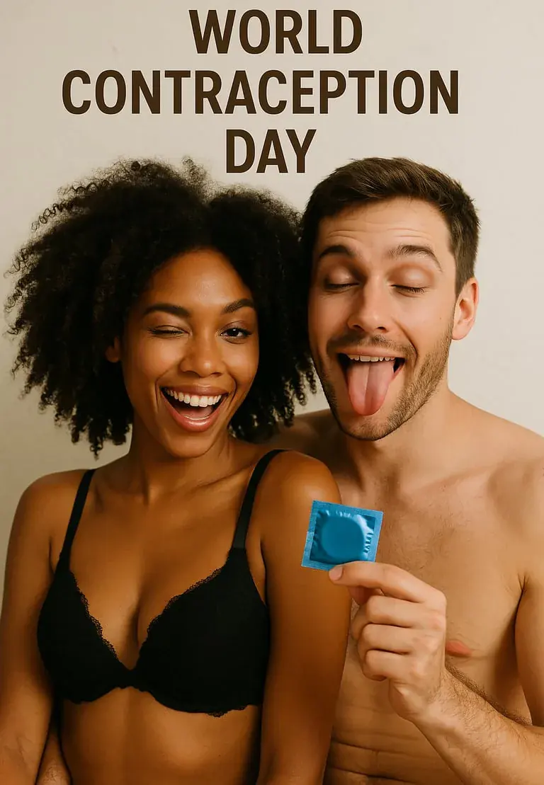 Un couple avec un préservatif pour la journée mondiale de la contraception