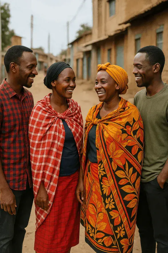2 couples discutent kiswahili en Afrique pour la journée mondiale de la langue.