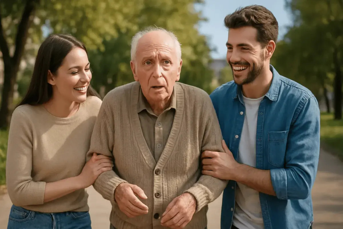 Deux personnes aident un homme âgé pour la journée mondiale d'Alzheimer.