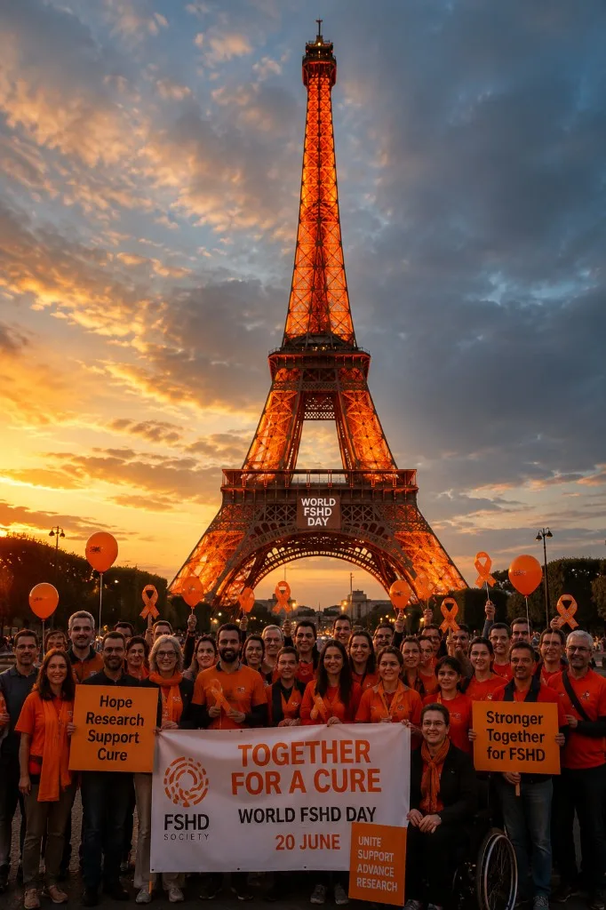 Tour Eiffel illuminée en orange pour la Journée mondiale de la myopathie FSHD